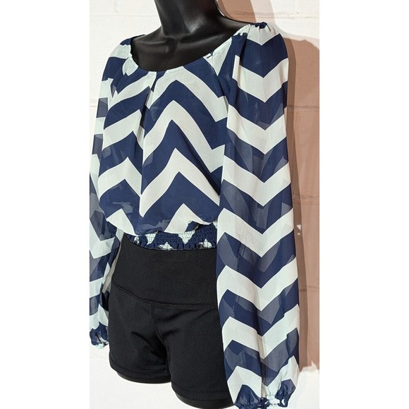 Xhilaration Chevron Blouse Top Long Sleeve Blue Teal Smocked Waist Sheer Small - Picture 2 of 5